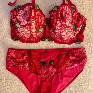 Adore Me Fuchsia and Red Floral Lace Lingerie SET 36 DD Bra AND Medium panty NWT